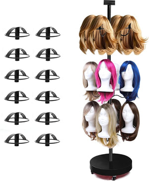 Wig holder for Multiple Wigs for 12-Mannequin Head Wig Styling Stand Display Holder Organizer Metal Wig Rack On Wheels Tree Shelf - Patent Protected( Large Black with 12 little wig holder