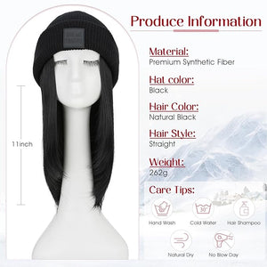 S-noilite Beanie Wig Hair Extensions11 Inch Short Straight Hair Extensions with Knitted Hat Hairpieces for Women Winter Natural Black