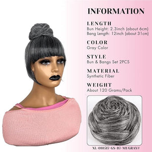 Bun and Bang Set 2 Piece - Quick Clip in Salt and Pepper Grey Braided Bun with Bang M Size Updo Braid Chignon Scrunchie Hair Piece for Black Women