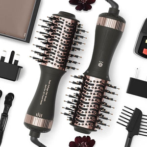 Travel Dual Voltage Blow Hair Dryer Brush 4-IN-1 Portable Mini Hot Air Dryer Straightener &amp Curler Brush Titanium 2-Inch Blowout Styler Volumizer Tool 110/240V US/EU/UK Plug for International Tr