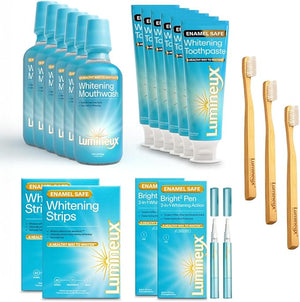 Lumineux Longevity Whitening Kit Bundle - Contains 6X Toothpastes 6X Mouthwashes 2X Strips and 2X Whitening Pens - Enamel Safe and Clinically Proven to Whiten Without The Sensitivity