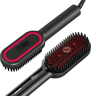 TYMO Hair Straightener Brush - Upgraded Ionic Plus Straightening Brush with Dense Bristles 16 Temps Dual Voltage | Ceramic Hot Comb for Women | Flat Iron for Thick Curly Hair Black