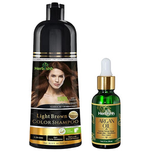Herbishh Light Brown Hair Color Shampoo - 3-In-1 Magic Dye for Gray Hair 500 Ml + Argan Oil for Dull Dry Damaged Hair 30ML