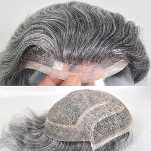 Men's Toupee 10¡¿8 European Virgin Human Hair Toupee Hair pieces for Men Thin Skin Hair Replacement System Lace Front+ Mono Net with PU around Base for Men (#1b mix 40% grey synthetic hair)