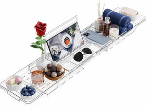 Yieach Luxury Clear Bathtub Shelf Across Tub,Expandable Plastic Bathtub Tray Over The Tub Bath Caddy,Free Standing Bath Table Board &amp; Accessories for Women Relaxing with Reading Book and Ipad Hold