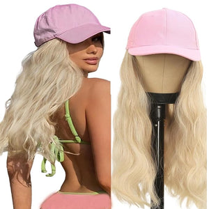 Sun Hat Wig for Women Baseball Cap with Hair Extensions Attached 22 Long Wavy Straight Hairpieces Synthetic Wig
