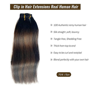 Ombre Clip in Hair Extensions Human Hair Natural Black to Light Brown Balayage Highlights Remy Hair Extensions Clip in Human Hair 12 Inch 7 Pieces Weft Hair Extensions Clip ins 70G for Women
