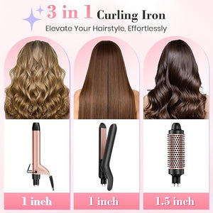 Ufree 3 in 1 Curling Iron, Curling Wand Set with Thermal Brush Flat Iron Hair Straightener, Dual Voltage Wand Curler, Instant Heat Up Hair Curler, Include Protective Glove 2 Clips, Gifts for Women