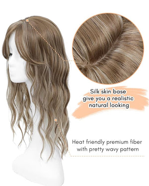 UDU 20inch Wavy Hair Toppers for Women with Thinning Hair Ombre Highlight Synthetic Wig Clip In Topper Wiglets with Fringe Bang Add Volume