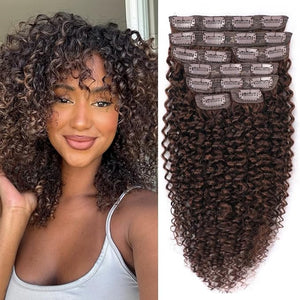 Chocolate Brown 3C 4A Curly Clip In Hair Extension Real Human Hair Kinky Curly Clip Ins 16 Inch Brazilian Remy Human Hair Extensions Double Weft 8Pcs 110g Natural Black