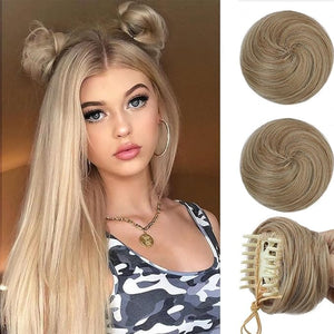 Hair Buns 2PCS Space Buns Mini Claw Clip in Hair Bun Extensions Messy Cat Ears Wig Accessory Synthetic Donut Updo Hairpieces for Girls Hair Buns Hair Piece(Light golden brown)