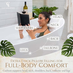 Full Body Bath Pillow (17'' x 49'') - Bathtub Cushion with Headrest Supports Neck Back and Legs - Free Hanging Hooks for Fast Drying Over Tub - Includes Washing and Travel Bags - White