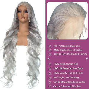 Ubetta 13x6 Grey Lace Front Wigs Human Hair 36 Inch Glueless Silver Grey Wig Human Hair Pre Plucked 30 Inch Gray Body Wave Wigs for Black Women 180% Density Gray Lace Front Wig Human Hair