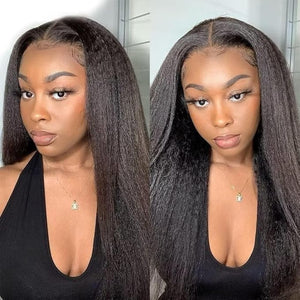 22 Inch Kinky Straight Human Hair Wigs Yaki Straight Lace Front Human Hair Wigs, 180 Density Brazilian Kinky Straight Wigs for Black Women Natural Color
