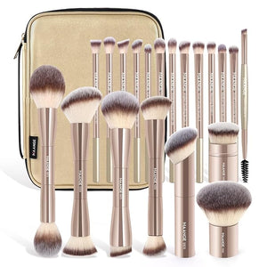 MAANGE 20 PCS Makeup Brush Set with Bag Double-ended Kabuki Brush Foundation Contour Brush for Liquid Powder Concealer Eye Shadows Cream Cosmetics Blending Blush Face Makeup Tools with Case (Gold)