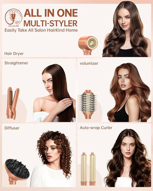 [Dual Voltage] webeauty 6 in 1 Hot Air Styler High-Speed Negative Ionic Hair Dryer with Auto Curlers Professional Blow Dryer Brush Diffuser Volumizer Multiple Styling No Heat Damage