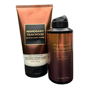 Men's Collection MAHOGANY TEAKWOOD 2-Piece Mens Gift Set 2-In-1 Body Scrub Wash &amp; Body Spray Cologne Mist For Bath and Body