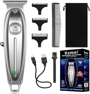 Kemei 1949 Trimmer Professional Hair Clippers for Men Zero Gap Electric Cordless Beard/Hair Trimmer Rechargeable T-Blade Haircut Machine for Stylists and Barbers Grooming Kit Silver
