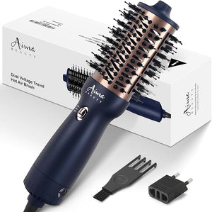 Aima Beauty Worldwide Travel Hair Dryer Brush 110-240V Dual Voltage Blow Dryer Brush Hot Air Brush Oval Barrel 360¡Æ Hot Airflow Negative Ionic Frizz-Free Dry/Straightening/VolumingPrussian Blue