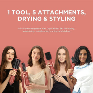 IG INGLAM Blow Dryer Brush Set, 5-in-1 Multi-Styler for Drying, Salon Blowouts, Smooth Curls, Sleek Styles, Ionic Hot Air Brush with Soft Tufts &amp; Nylon Bristles for Frizz-Free Hair, Strawberry Bro