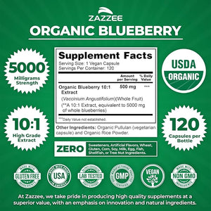 Zazzee USDA Organic Blueberry 10:1 Extract, 5000 mg Strength, 120 Vegan Capsules, 4 Month Supply, Concentrated and Standardized 10X Whole Fruit Extract, 100% Vegetarian, Non-GMO, Made in The USA
