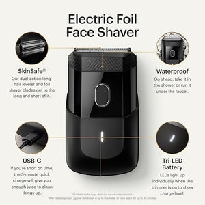 MANSCAPED¢ç The Handyman¢â Compact Face Shaver ? Portable Men¡¯s Travel Facial Hair Groomer USB-C Rechargeable Razor Electric Foil Face Shaver Waterproof Cordless Dual-Action SkinSafe¢ç Foil Blades