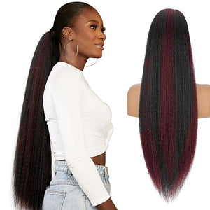 Drawstring Ponytail Extension for Women, 30 Inch Long Yaki Straight Pony Tails Hair Hairpiece Clip in Extensions Natural Looking Soft Synthetic Drawstring Ponytail for Black Women, Black Ombre Red
