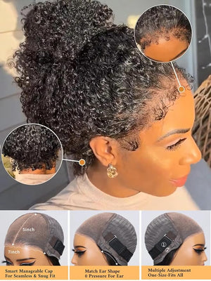 Julia Hair Bye Bye Knots 4C Kinky Curly Glueless Natural Hair Wig 7x5 Pre Cut HD Lace Front Kinky Edges Hairline Wig Pre Bleached Pre Plucked Virgin Hair with Baby Hair for Black Women 26 Inch