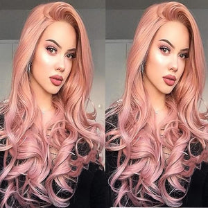 xiweiya Mixed Peach Color Lace Front Wig Natural Wavy 1x4 Lace Front Wig Natural Hairline Synthetic Soft Rose Gold Wigs Heat Resistant Fiber Hair 150% Density hair For Women 24inch