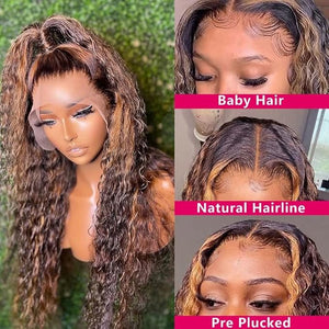 13x4 Highlight Deep Wave Lace Front Wigs Human Hair Ombre 13x4 Honey Blonde Curly Lace Frontal Wig for Women 180% Density Glueless Wigs 4/27 Color Natural Hairline 24inch
