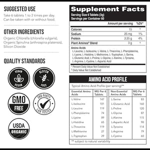 Plant Aminos Organic Essential Amino Acid Supplement (EAAs) &amp BCAA - 100% Plant-Based Raw Vegan - All 9 Essential Amino Acids with 18 Total Amino Acids (360 Tablets)