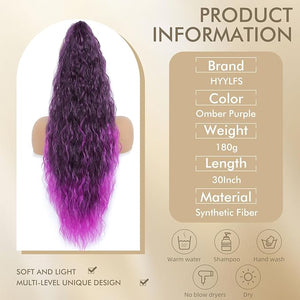 Claw Clip in Ponytail Extension 30 Inch Long Wave Curly Pony Tail Hair Extensions for Women fluffy Natural Looking Synthetic Hairpiece for Daily Use(Omber Purple, 30Inch)