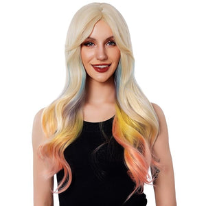 28in Women Rainbow Color Long Hair Wavy Wigs, White Blonde Ombre Blue Purple Pink Curly Synthetic Wig Realistic Cosplay Party(Multicolor)