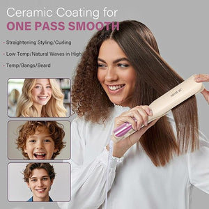 Hair Straightener, 1.5¡± Flat Iron and Curler 2 in 1, Ceramic Coating, Quick Heat Up, 4 Temp. Options, for All Hair Type, Less Frizz, Shinier and Smoother, Dual Voltage for Travel, Cream