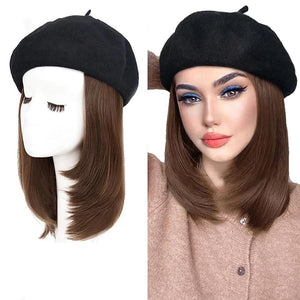 Women Beret Hat Wig with Hair Extensions Classic French Wool Beanie Hat Straight Short Wig Bob Synthetic Hairpiece Light Brown