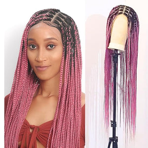 Wow Braids Box Braid Wig - Knotless Braided Wigs for Black women with 360 glueless Full Swiss Lace Cap &amp Human Baby Hair Frontal Synthetic Long Neat African Handmade Braiding - 36 inch/Pink