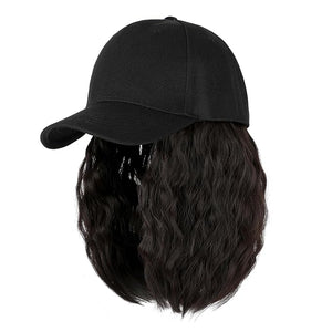 Baseball Hat WigHat with Hair attached 16'' Adjustable Black Cap with Wavy Curly Synthetic Bob Hair Extensions for Women Girls(Dark Brown)