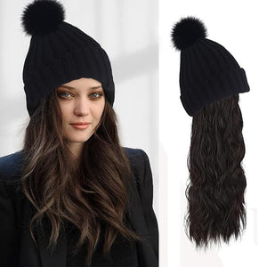 Women Winter Beanie Hat with Wig Big Wavy Curly Hair Extensions Knit ski Snow Cap Attached Party Daily Weddings Wig