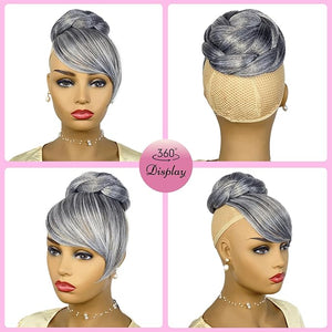 Quick Bun and Bang Set 2PCS - L Szie Salt and Pepper Grey Braided Bun with Swoop Side Bang Updo Braid Chignon Scrunchie Hair Piece for Black Women