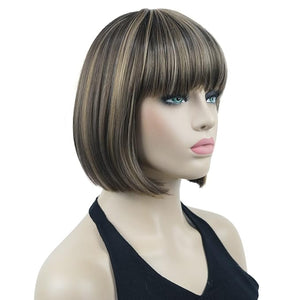 Lydell 8 Straight Short Bob Wigs Heat Resistant Synthetic Hair Flat Bangs Cute Central Dot Skin (L8-124)