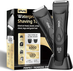 Men Hair Trimmer with Dual-BladesElectric Waterproof Body Grooming ShaverPainless Quiet Hygiene Razor with Standing Charging Dock Black