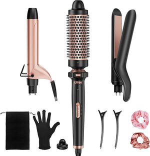 Ufree 3 in 1 Curling Iron, Curling Wand Set with Thermal Brush Flat Iron Hair Straightener, Dual Voltage Wand Curler, Instant Heat Up Hair Curler, Include Protective Glove 2 Clips, Gifts for Women