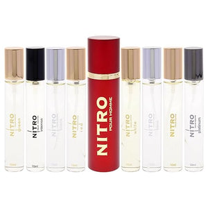 Nitro Collection by Dumont for Men ? 9pc Mini Gift Set: 8 x 0.34oz EDP Vials (Black Green Intense Platinum Red White Blue Nitro Pour Homme) + Travel Spray Case