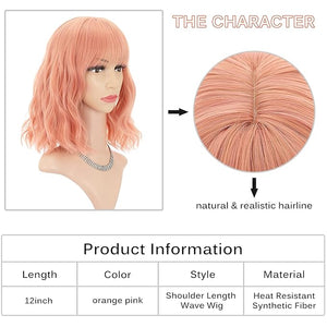 FAELBATY Pink Wigs With Bangs Synthetic Short Bob Wig for Girl Shoulder Length Wig for Women Costume Wigs Mixed Pink(12" Orange Pink)