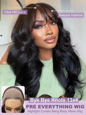 YIROO Pre Everything 13X4 HD Lace Front Real Scalp Glueless Wig Human Hair Wigs Loose Body Wave with Face Framing Curtain Bangs Pre Plucked Pre Cut Lace Pre Bleached Knots Wig Bye Bye Knots 16Inch