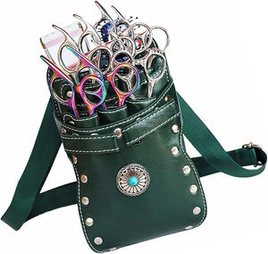 Hairstylist Waist Bag 7-Slot PU Leather Barber Scissors Tool Bag Shear Holder Detachable Hair Cutting Organizer for Combs Clippers and Spray Bottles (Dark green)