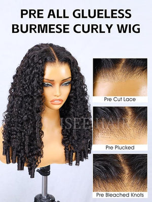 ISEE Burmese Curly Wig 7x5 Lace Front Wigs Human Hair Glueless Wig With Spiral End Pre Plucked Pre Cut Human Hair Wigs for Women Beginners Natural Black Color 180% Density 22 inch