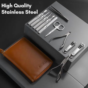 FAMILIFE Manicure Set Professional Manicure Kit Nail Clippers Set 11 in 1 Stainless Steel Pedicure Tools Nail Kit Men Grooming Tool with Portable Brown Leather Travel Case Luxury Gifts for Him