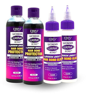 Wonder Weave Bond Hair Protector (Black) 8.5 oz Bundle with Hair Bond Glue (Clear) 2 oz by EBIN NEW YORK ? Protective Shield &amp; Secure Hold ? Seamless Weave Bonding ? Gift Set (4 Items)