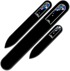 Mont Bleu Set of 3 Glass Nail Files Hand Decorated with crystals - in Black Velvet Sleeve - Genuine Czech Tempered Glass - Handmade Crystal Nail Files